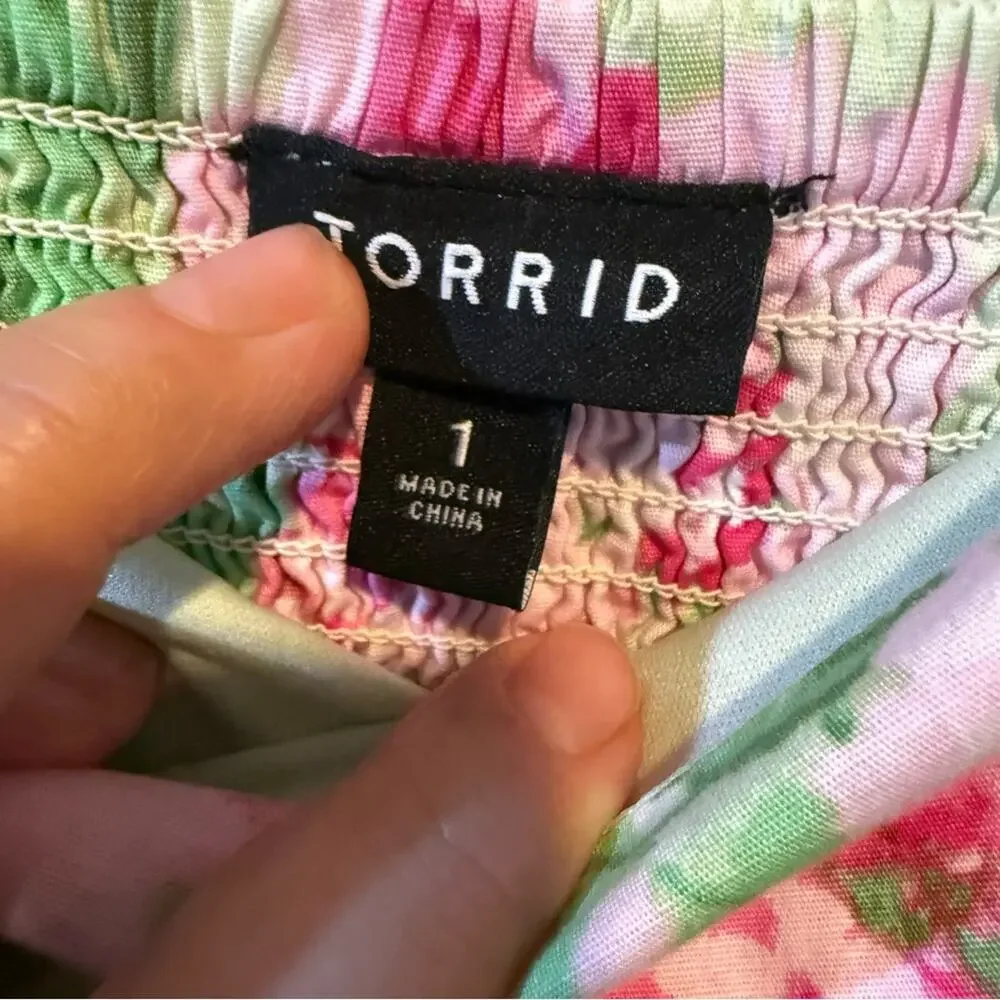 TORRID Green & Pink Floral Ruffle Strap Midi Dress | Size 1 - Picture 5 of 13
